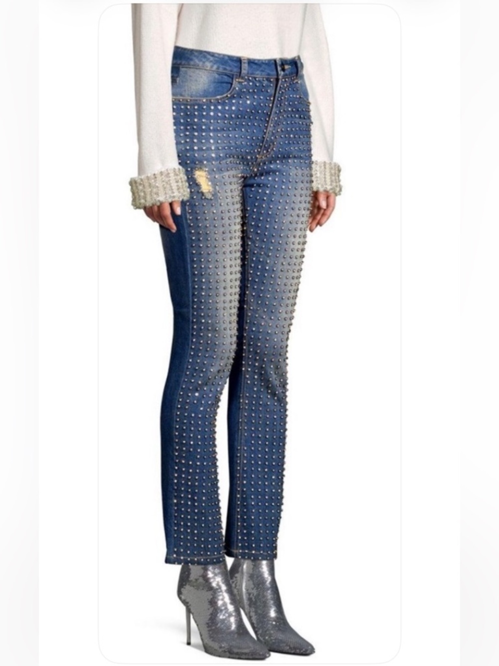 Alice and Olivia Crystal Studded Blue Women's Distressed Skinny Jeans